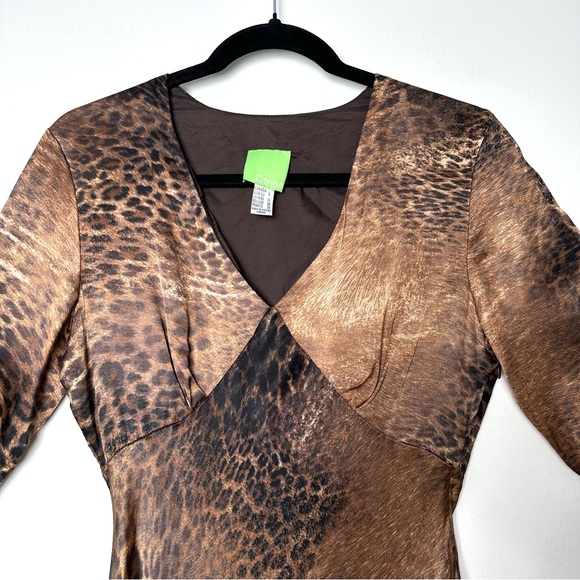 Boho Y2K Leopard Print Bias Cut Split Sleeve Asymmetrical Dress V-Neck Satin - Picture 2 of 12